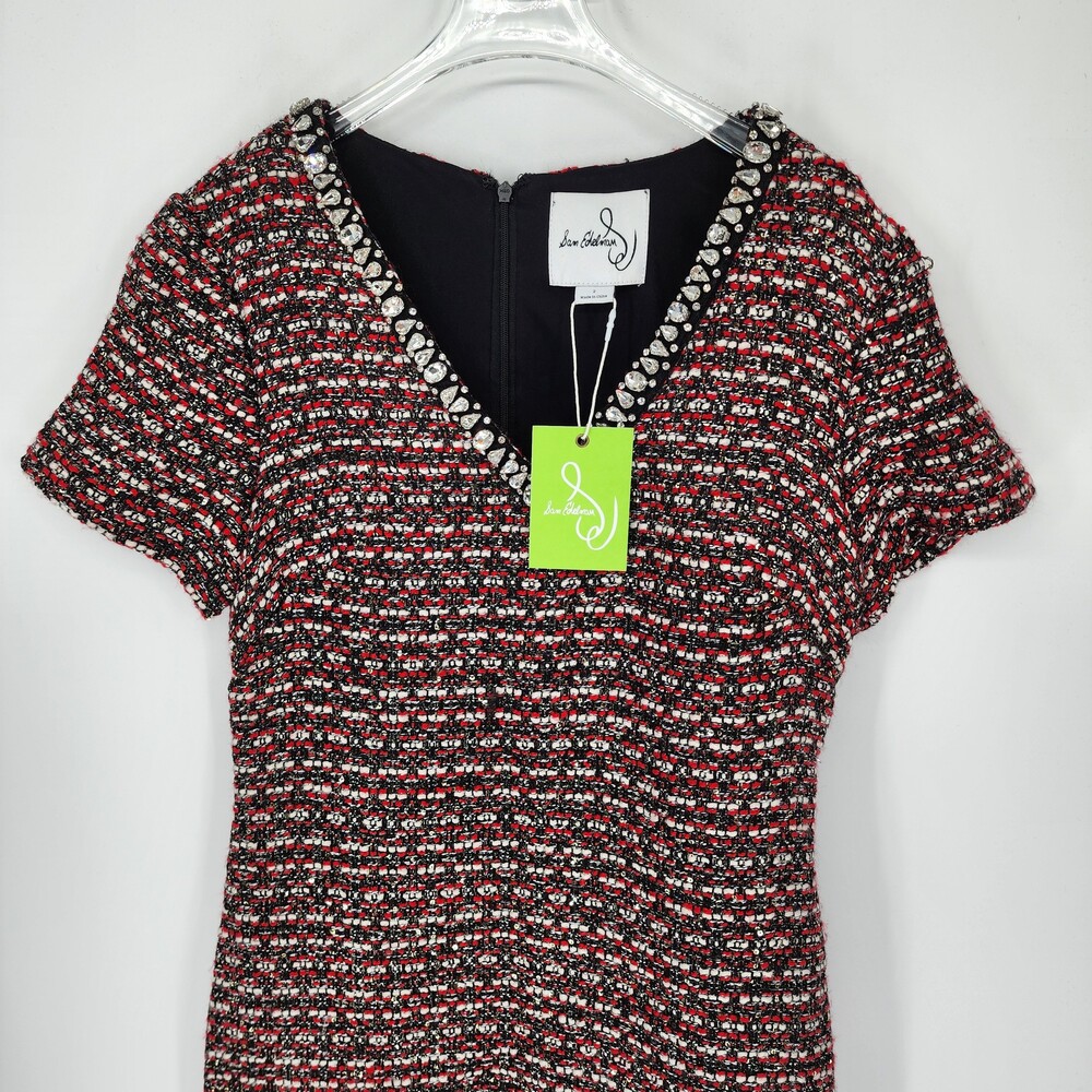 Sam Edelman Nyah Tweed Shift Mini Dress 8 Black Red Rhinestone V-Neck Sequin NWT